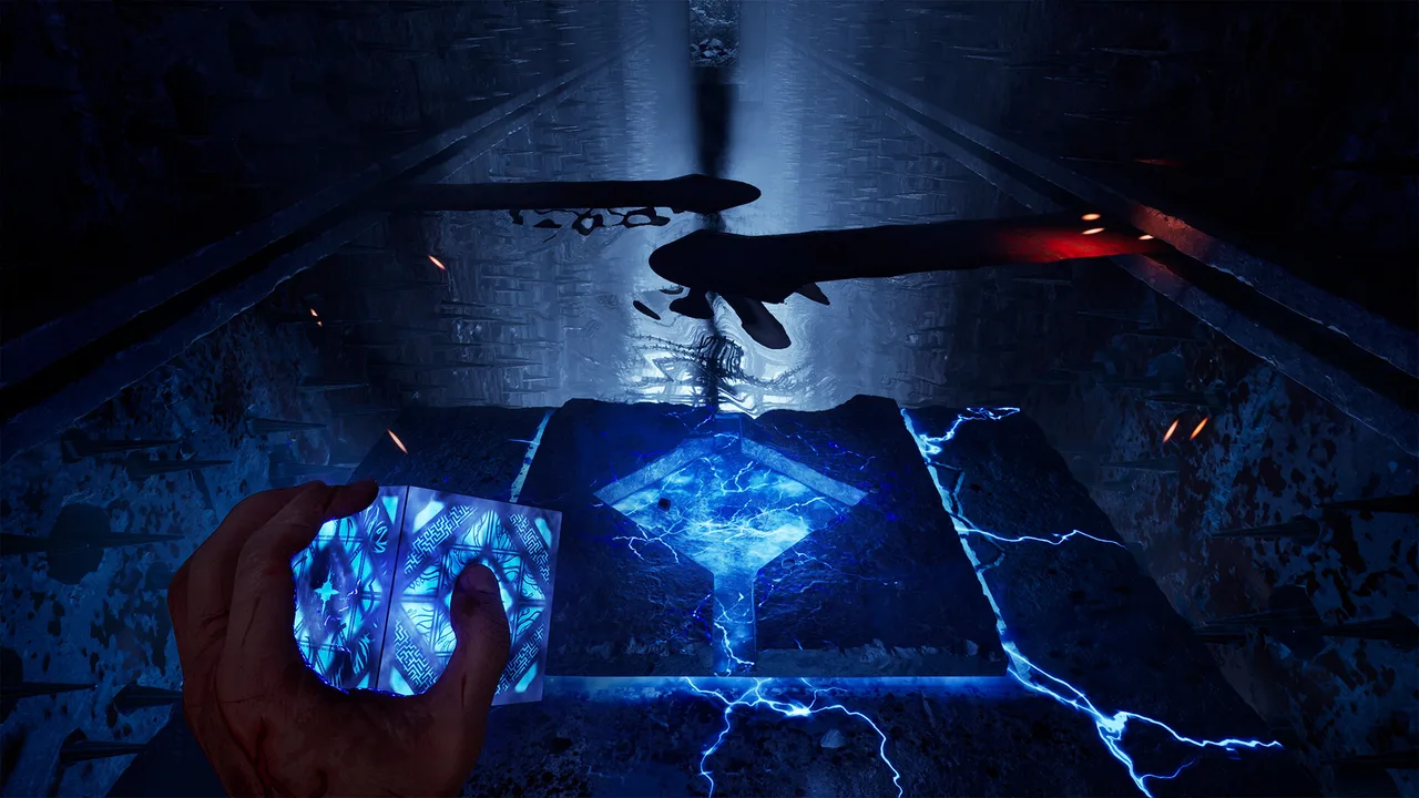 A hand holds a puzzle box glowing blue over a stone pedestal lit from within, lightning spreading across the floor