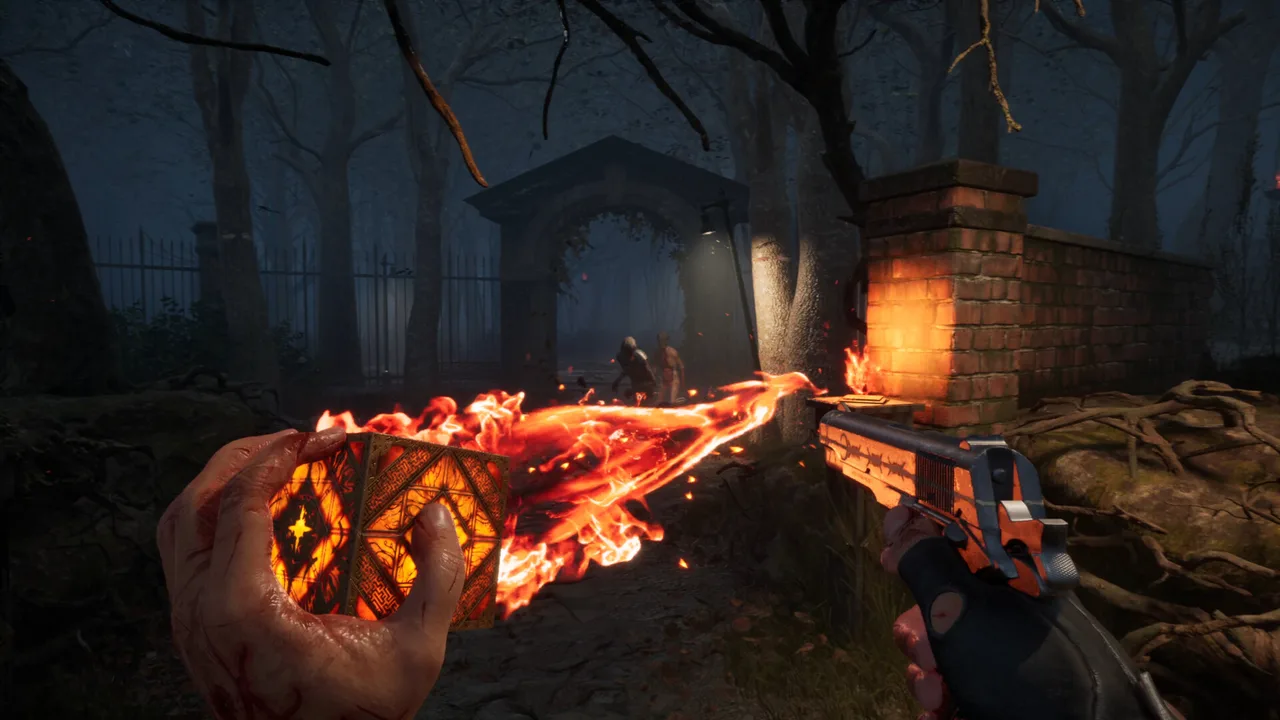 A hand holds a burning box that throws a stream of fire across a graveyard at night, a shotgun in the other hand