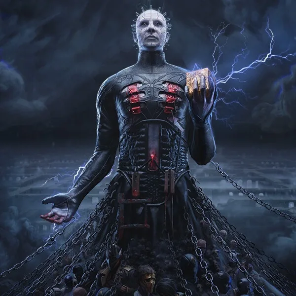 A pale figure studded with pins stands in a storm, holding up a glowing box as lightning arcs from it
