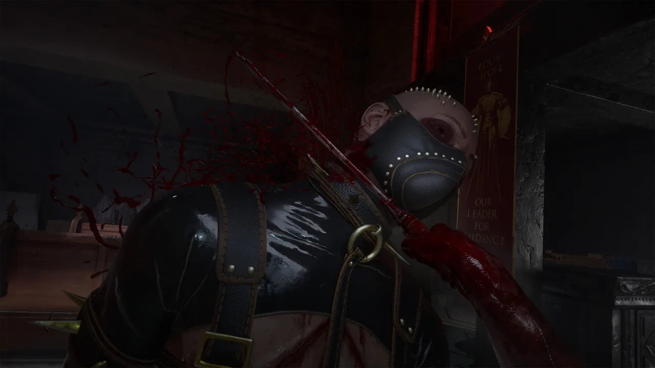 A figure in a studded leather mask and harness, blood spraying across the frame