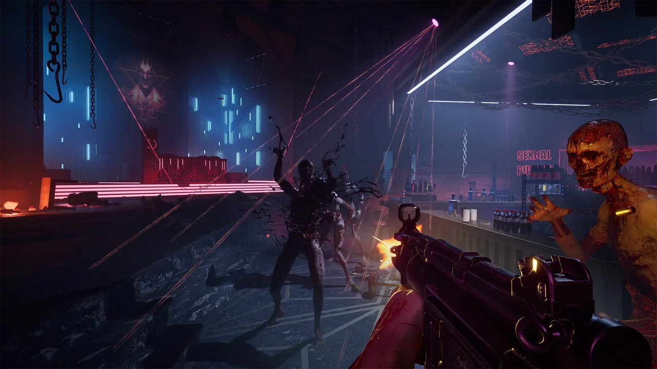 First-person view firing a submachine gun across a neon-lit bar at charging creatures, one on fire